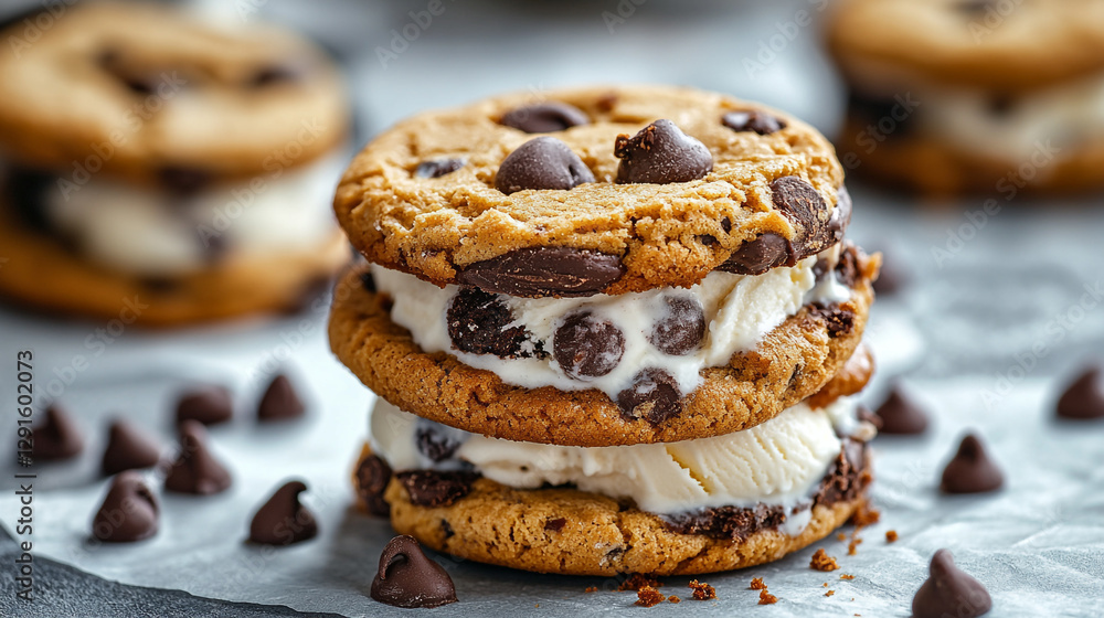 Delicious chocolate chip cookie ice cream sandwiches sweet treat dessert food tasty snack brown white Delicious chocolate chip cookie ice cream sandwiches sweet treat dessert food tasty snack brown white