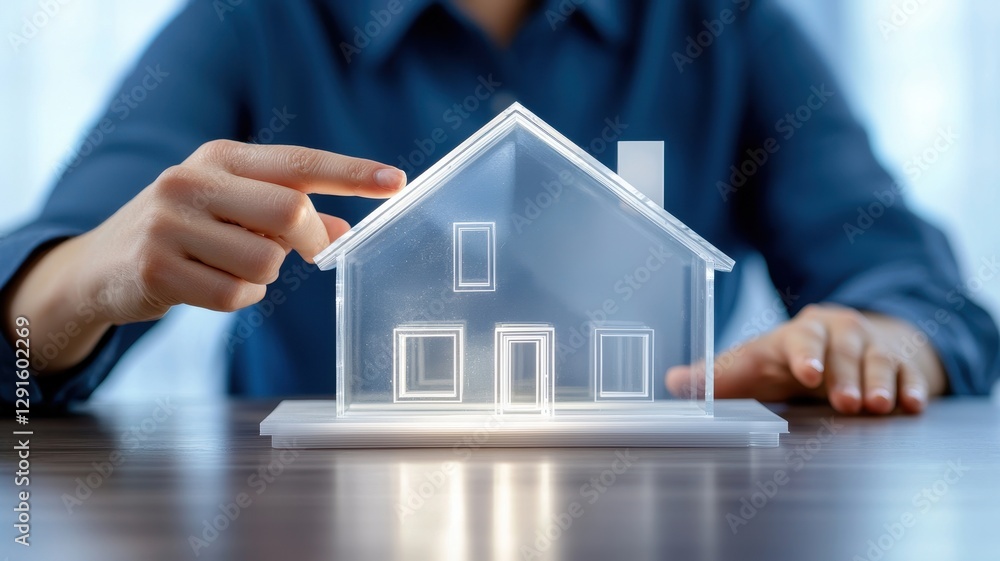 Insurance and Security, Protection, Safety. A person touching a transparent model of a house on a wooden table. Insurance and Security, Protection, Safety. A person touching a transparent model of a house on a wooden table.
