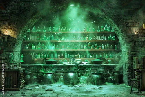 A background of a witch’s potion room filled with bubbling cauldrons, shelves of spell books, potion bottles, and eerie green lighting, magical and spooky	
