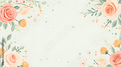 Filled with delicate flowers, a light green background with a white rectangular frame and border in the center of an empty space
