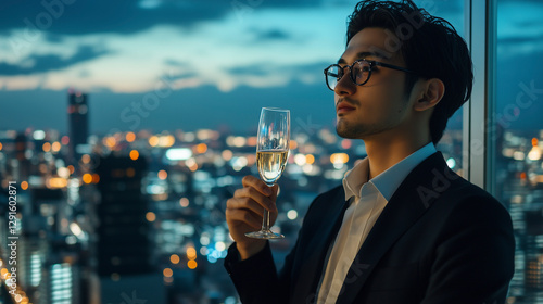 都会の夜景をバックにシャンパンを飲む男性