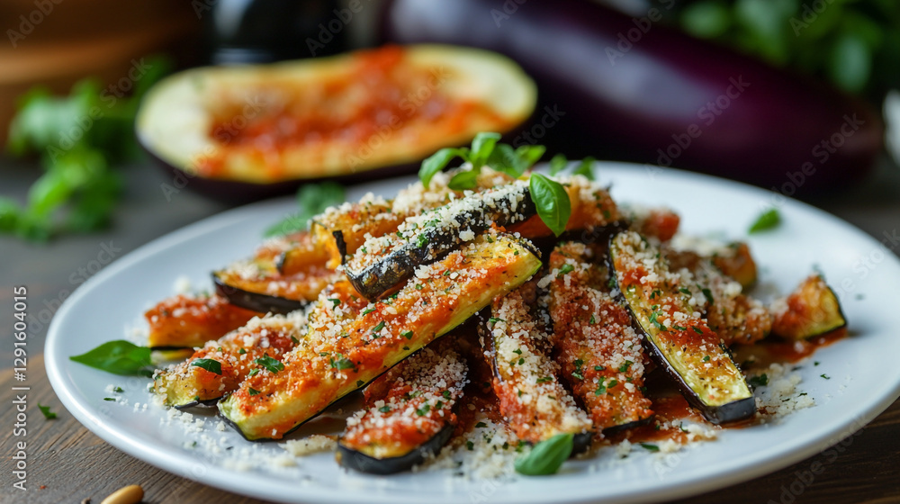 Delicious baked eggplant slices with tomato sauce and parmesan cheese food herb meal tasty basil Delicious baked eggplant slices with tomato sauce and parmesan cheese food herb meal tasty basil
