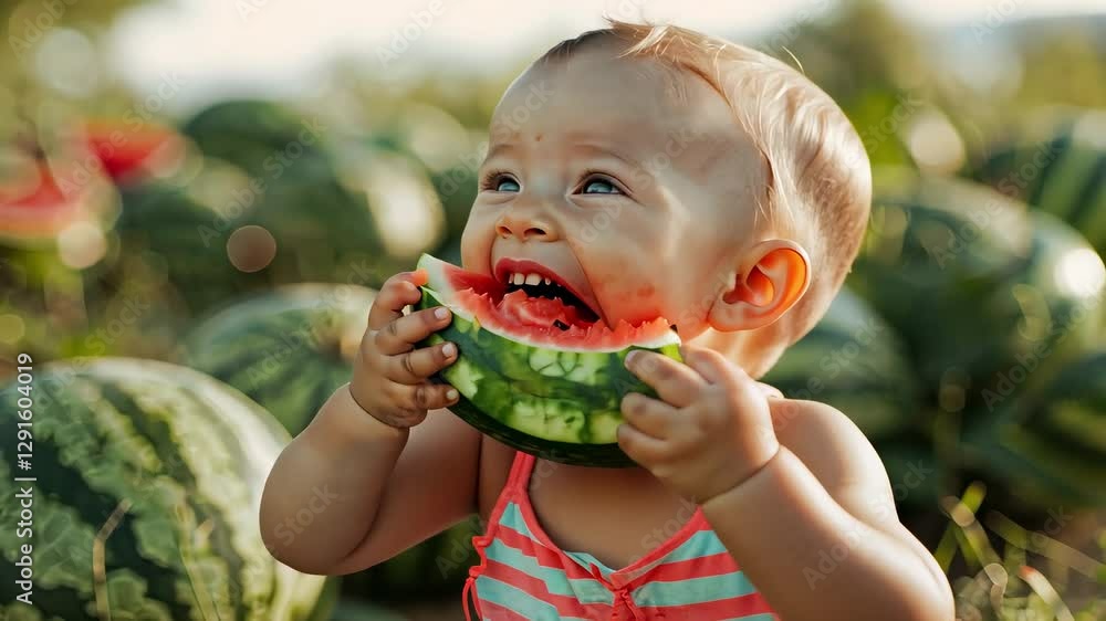 baby eats watermelon on the background of the garden baby eats watermelon on the background of the garden