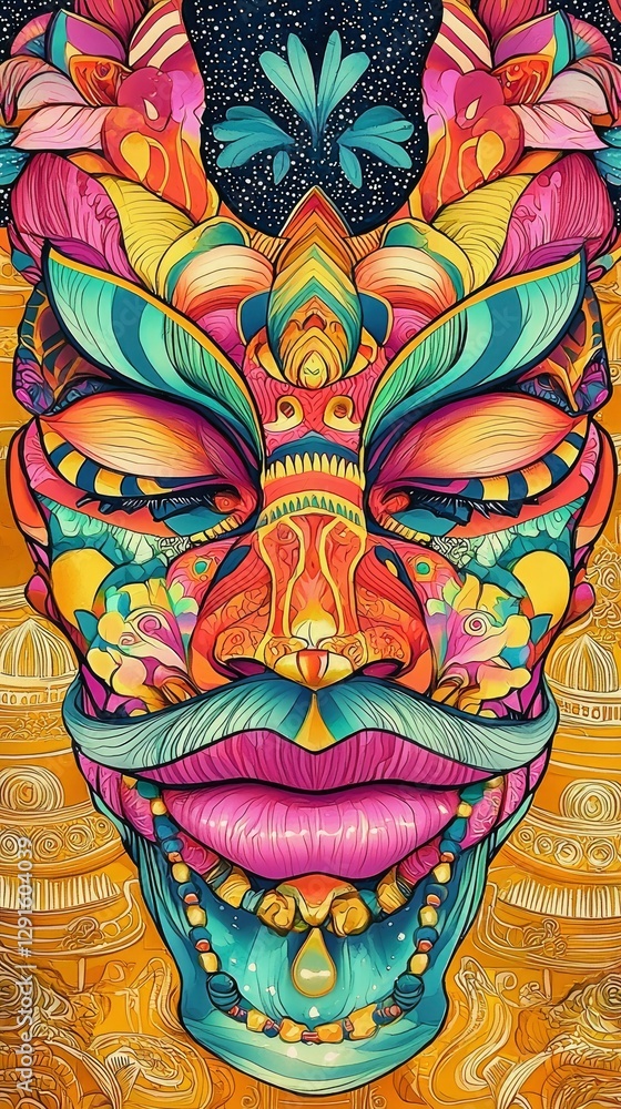 Fototapeta premium Psychedelic Colorful Ornate Mask Digital Art
