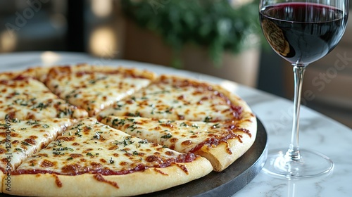 Pizza and wine on marble table, restaurant setting photo