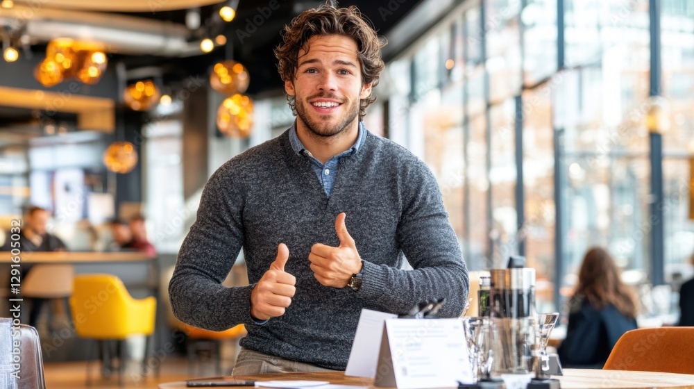 Obraz premium Happy Young Man Giving Thumbs Up in Modern Cafe Setting