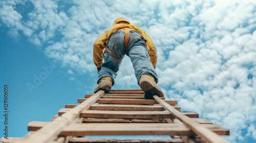 Wallpaper Mural Construction worker climbing wooden ladder, wearing safety gear against cloudy blue sky backdrop Torontodigital.ca