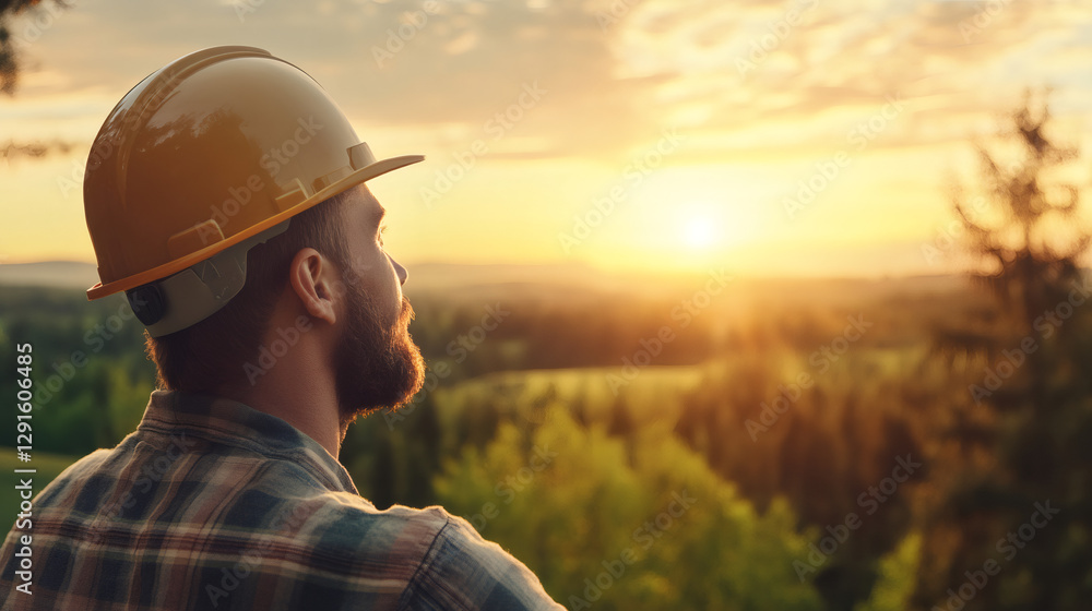 Engineer wearing a hardhat, enjoying the breathtaking sunset over a lush green landscape, reflecting on future opportunities and achievements Engineer wearing a hardhat, enjoying the breathtaking sunset over a lush green landscape, reflecting on future opportunities and achievements