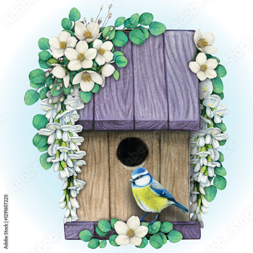 Watercolor hand drawn vintage birdhouse with flowers