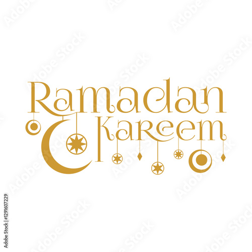 Golden Ramadan Kareem in English with decorative geometrical ornaments, Ramadan Kareem greeting in cursive font with traditional ornaments