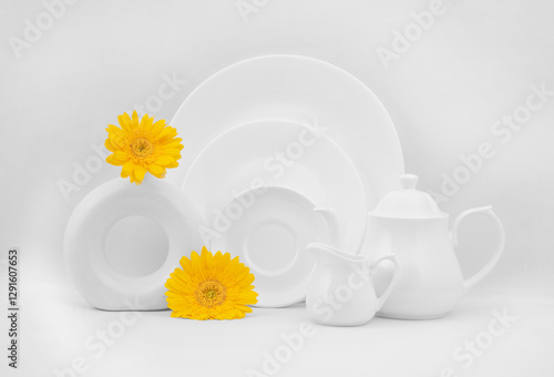 Obraz na płótnie Still life utensils and crockeries in white on a white background. w salonie