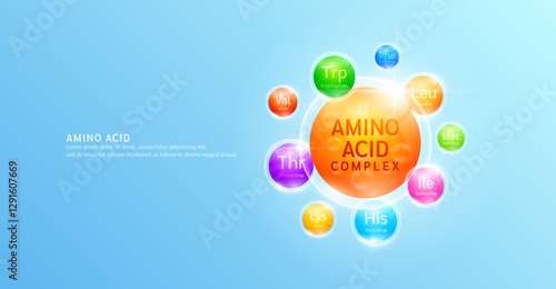 Amino acid complex nutrients essential for the body and muscles. Minerals, Vitamin. For design dietary supplement products ads. Medical health care concept. Banner vector EPS10.