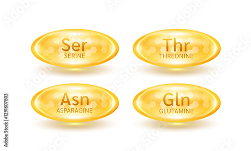 Essential amino acid Threonine Serine Glutamine Asparagine. Glossy capsules golden orange isolated on white background. Pill healthy food supplement. Medical scientific concept. 3D Vector EPS10.