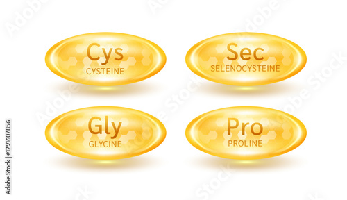 Essential amino acid Proline Glycine Cysteine. Glossy capsules golden orange isolated on white background. Pill healthy food supplement. Medical scientific concept. 3D Vector EPS10.