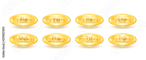 Essential amino acid Tyrosine Leucine Valine Isoleucine Alanine. Glossy capsules golden orange isolated on white background. Pill healthy food supplement. Medical scientific concept. 3D Vector EPS10.