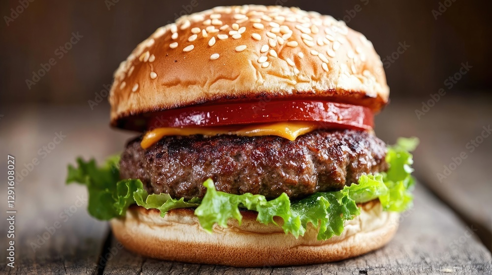 Juicy Grilled Hamburger with Lettuce, Tomato, and Cheese on Bun Juicy Grilled Hamburger with Lettuce, Tomato, and Cheese on Bun