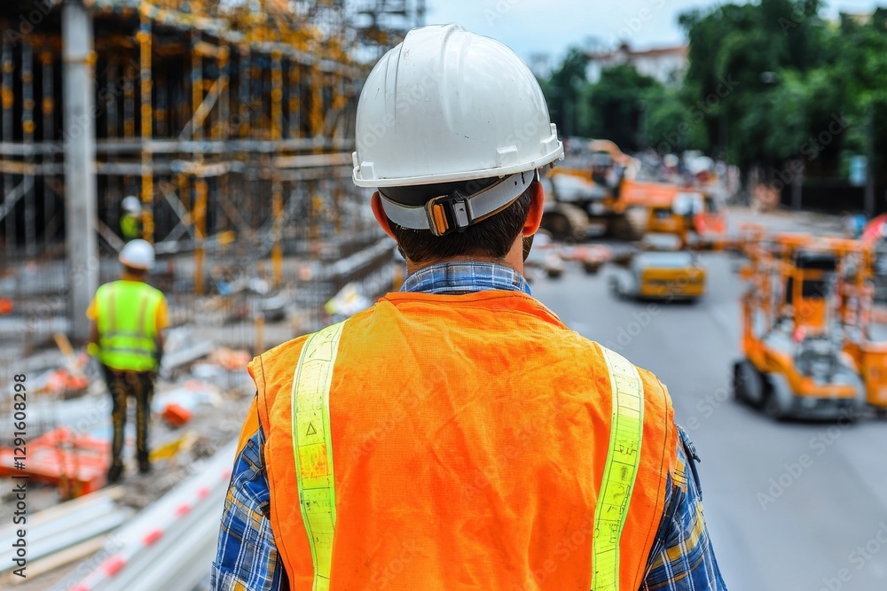 A construction site supervisor, with hard hat and safety vest, oversees the project against a background of scaffolding and construction vehicles on the road. A construction site supervisor, with hard hat and safety vest, oversees the project against a background of scaffolding and construction vehicles on the road.