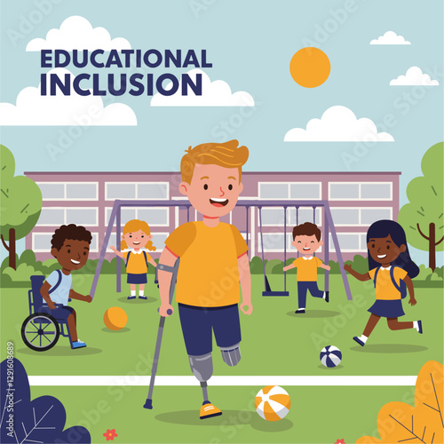 Different children with mobility disabilities playing at school. Colorful flat style vector