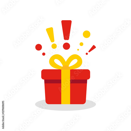 Surprise red gift box flat vector illustration. Special give away package, loyalty program reward, wonder gift with exclamation mark, and birthday celebration concept design.