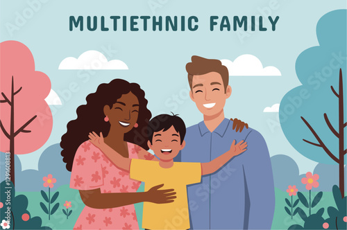 Latina mom, Caucasian dad and mixed race happy children family. Colorful flat design illustration
