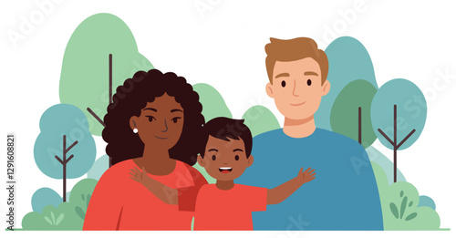 Multiethnic family portrait. Family inclusion conceptual flat design illustration
