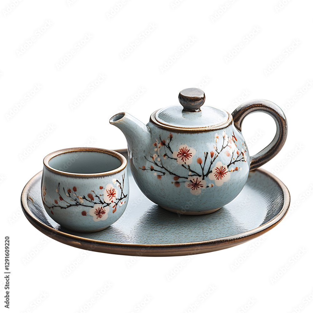A Traditional Chinese Tea Set with Delicate Cups and Saucer Isolated on Transparent Background A Traditional Chinese Tea Set with Delicate Cups and Saucer Isolated on Transparent Background