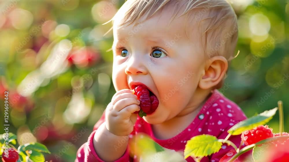 the baby eats raspberries on the background of the garden the baby eats raspberries on the background of the garden