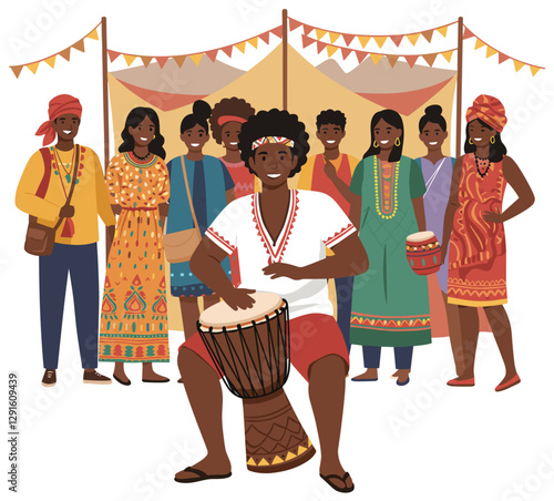 African man playing a djembe drum at a culture festival. Colorful minimalist illustration