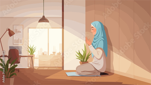 Religious Muslim woman praying in a quiet corner at home. Colorful banner cartoon