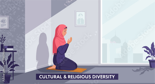 Muslim woman praying at home. cultural and religious diversity. Colorful flat style vector