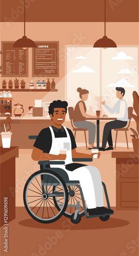 Disability man using wheelchair working as waiter in coffee shop