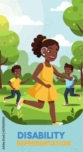 African-American girl with hearing aids for hearing loss playing in a park with friends. Colorful flat design cartoon