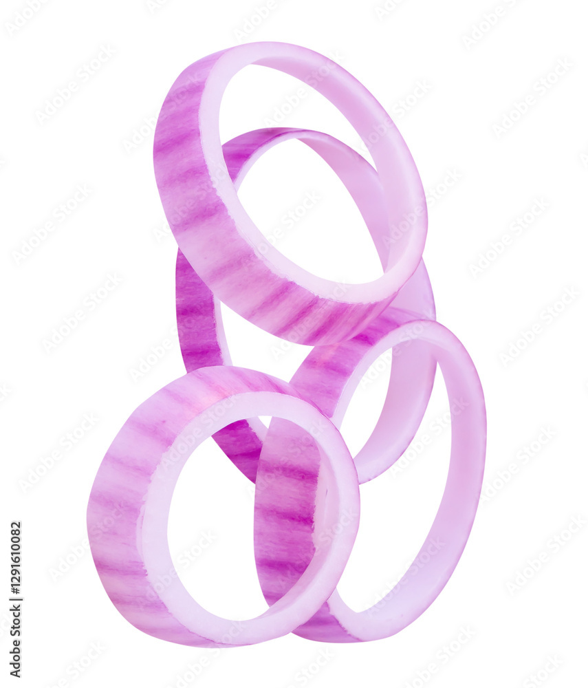 Top view of fresh red or purple onion rings or slices in stack isolated with clipping path in png file format Top view of fresh red or purple onion rings or slices in stack isolated with clipping path in png file format