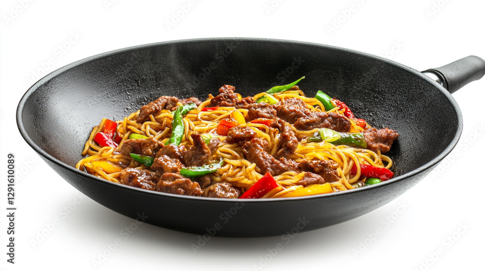 Delicious beef stir fry noodles with colorful peppers and green onions in wok red hot food meal meat Delicious beef stir fry noodles with colorful peppers and green onions in wok red hot food meal meat