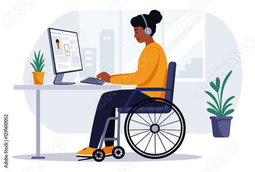 Latina in wheelchair working in office with computer. Disability representation at work. Minimalist flat style illustration