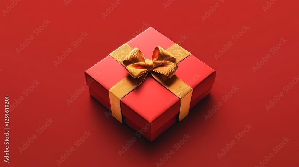 Fototapeta premium Festively Wrapped Red Gift Box With a Golden Ribbon Displayed Against a Rich Red Background