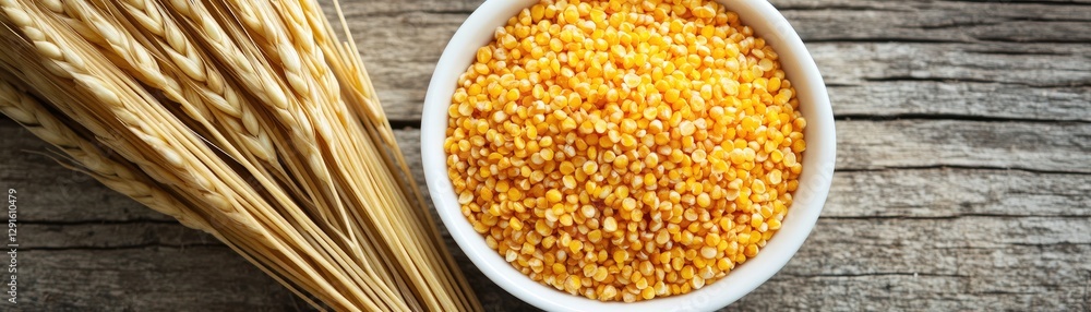 Golden grains in bowl, wheat stalks, rustic wood. Food recipe, agriculture Golden grains in bowl, wheat stalks, rustic wood. Food recipe, agriculture