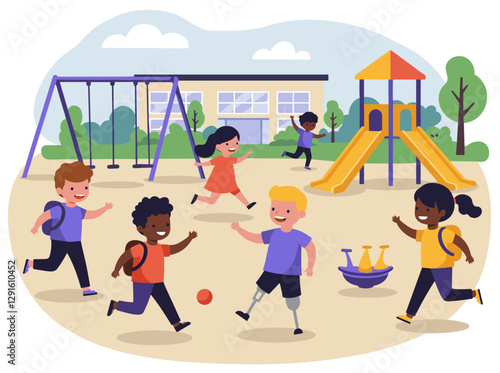 Flat style illustration of child with prosthetic legs playing with children in playground. Colorful minimalist illustration