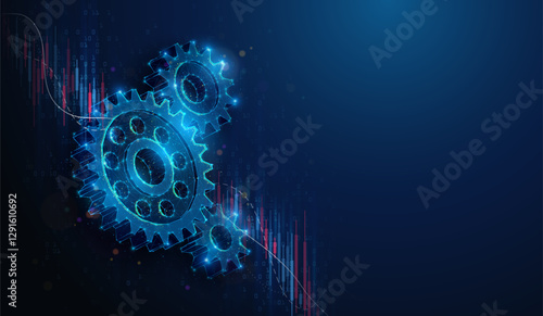 Lowpoly Gears Over Stock Market Crash Chart. Abstract geometric illustration on engineering development and manufacturing industry business evaluation concept by wireframe mesh on blue background