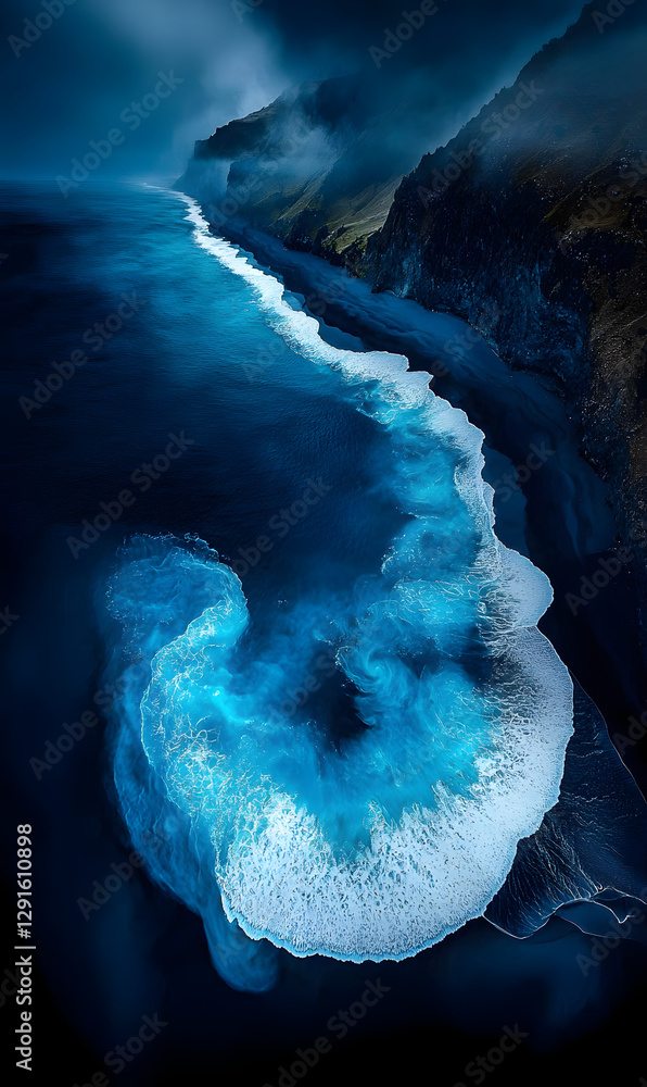 Breathtaking Blue Sea and Black Sand Beach with White Foamy Waves
