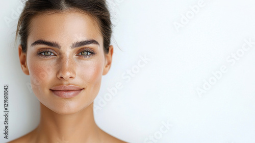young woman with clear skin and natural makeup smiles softly against plain background, exuding confidence and beauty
