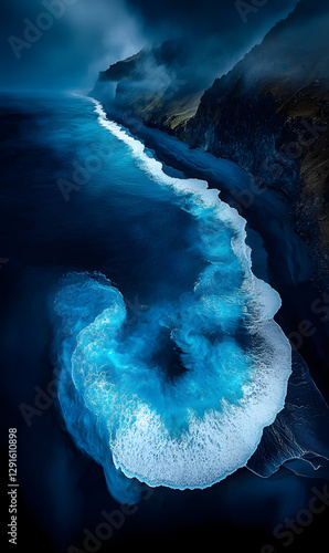 Obraz na płótnie Breathtaking Blue Sea and Black Sand Beach with White Foamy Waves w salonie