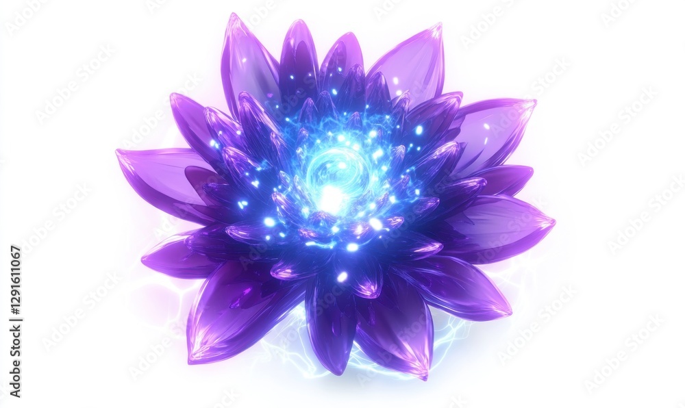 Obraz premium A vibrant purple lotus flower with glowing center, radiating light in a serene, abstract background