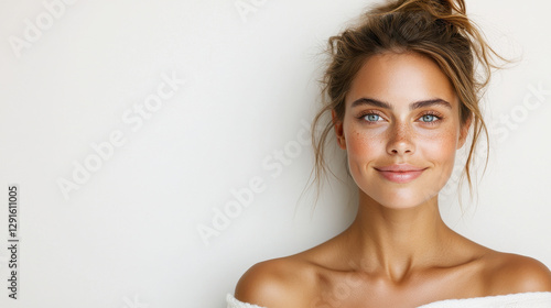 Wallpaper Mural young woman with natural smile and clear skin, showcasing beauty and confidence. Her hair is styled casually, and she has bright blue eyes Torontodigital.ca