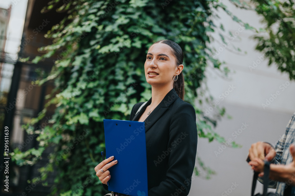 Fototapeta premium A confident businesswoman holding a clipboard while engaging in a discussion outdoors. The setting is an urban area with greenery, showcasing a professional environment and teamwork.