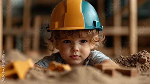 child wearing colorful safety helmet plays in sand, surrounded by toys, showcasing curiosity and joy in playful environment