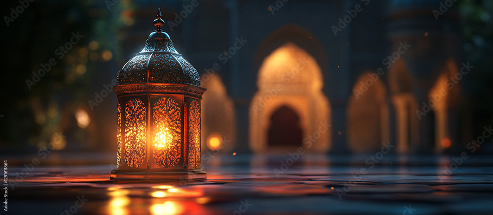 Ornate lantern illuminating a courtyard at night. (2) Ornate lantern illuminating a courtyard at night. (2)