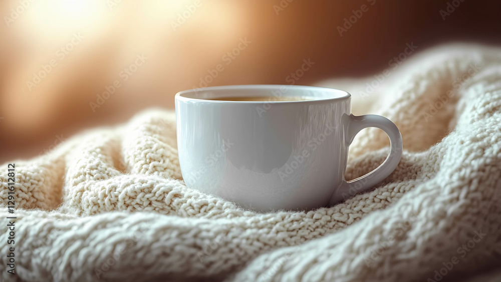 A white ceramic coffee mug placed on a cozy knitted blanket, perfect for customizable branding and print-on-demand designs A white ceramic coffee mug placed on a cozy knitted blanket, perfect for customizable branding and print-on-demand designs