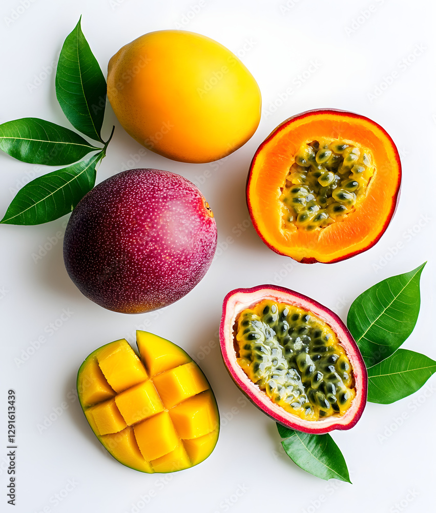 Juicy Mango and Passion Fruit Sections on White Background