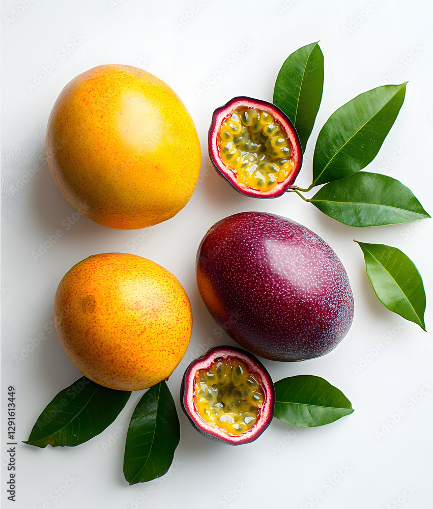 Juicy Mango and Passion Fruit Sections on White Background